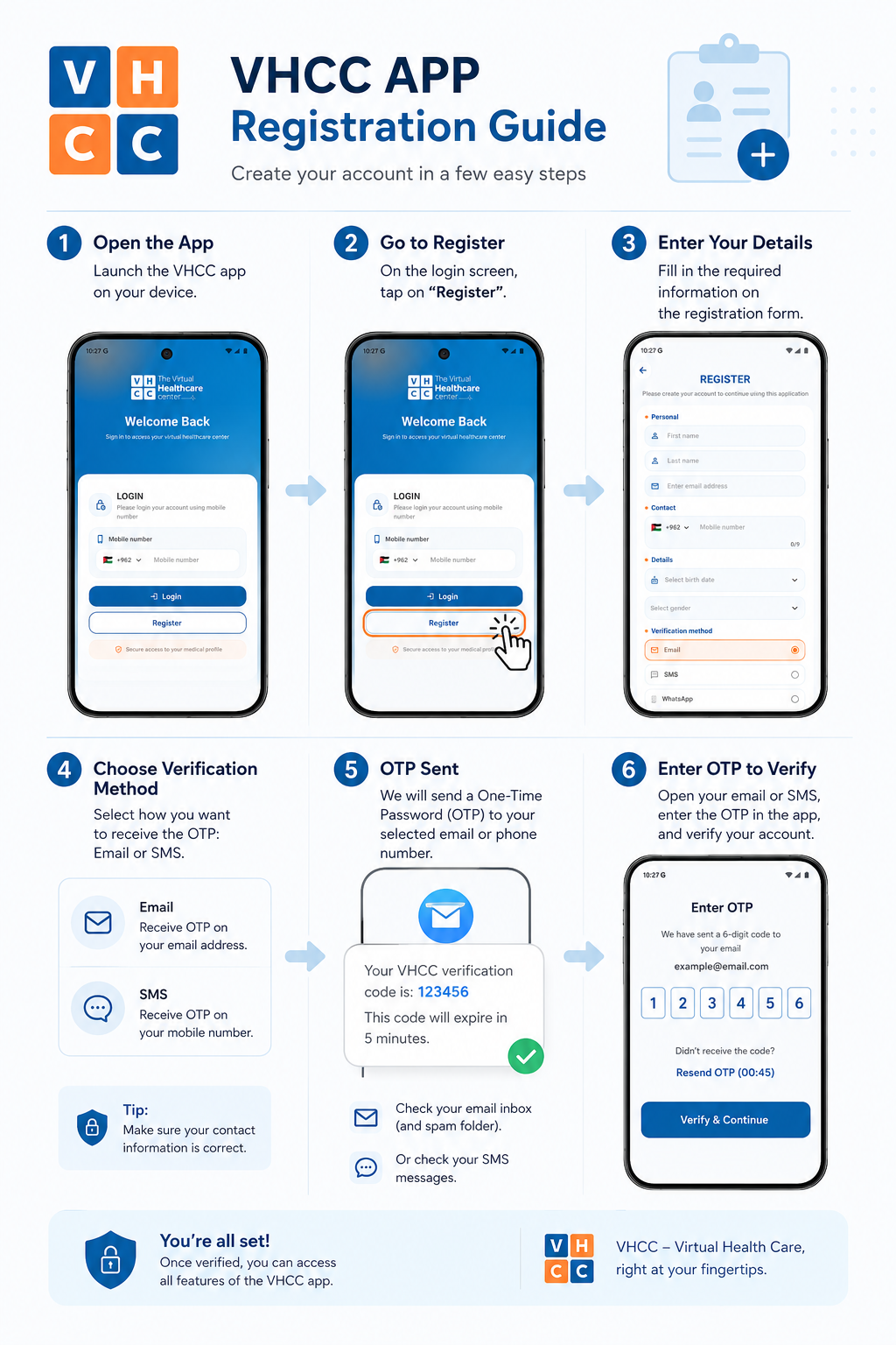 VHCC app registration and OTP verification tutorial