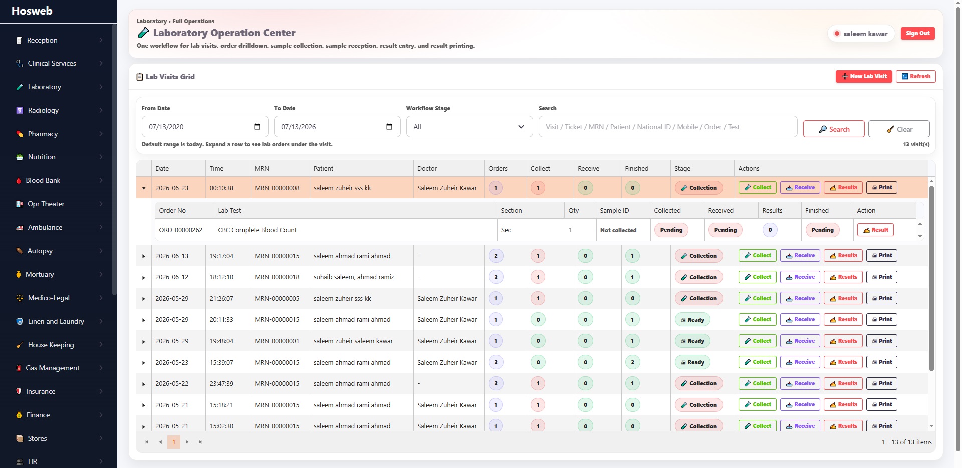 Hosweb laboratory screen
